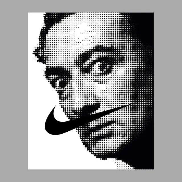 Dalí portrait Nike swoosh mustache mashup, illustrated, monochrome, monochrome