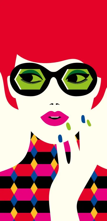 Pop-art woman with hexagon glasses, illustrated, flat, vibrant