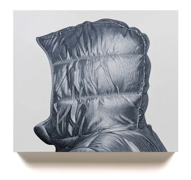 Hyperreal puffer hood drawing, photographic, minimal, monochrome