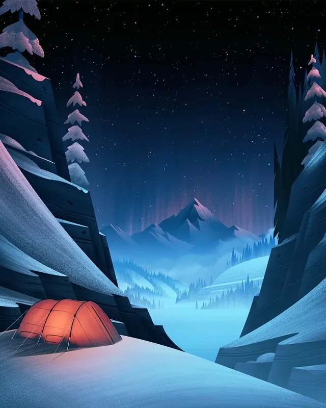 Winter tent night illustration, illustrated, minimal, dark