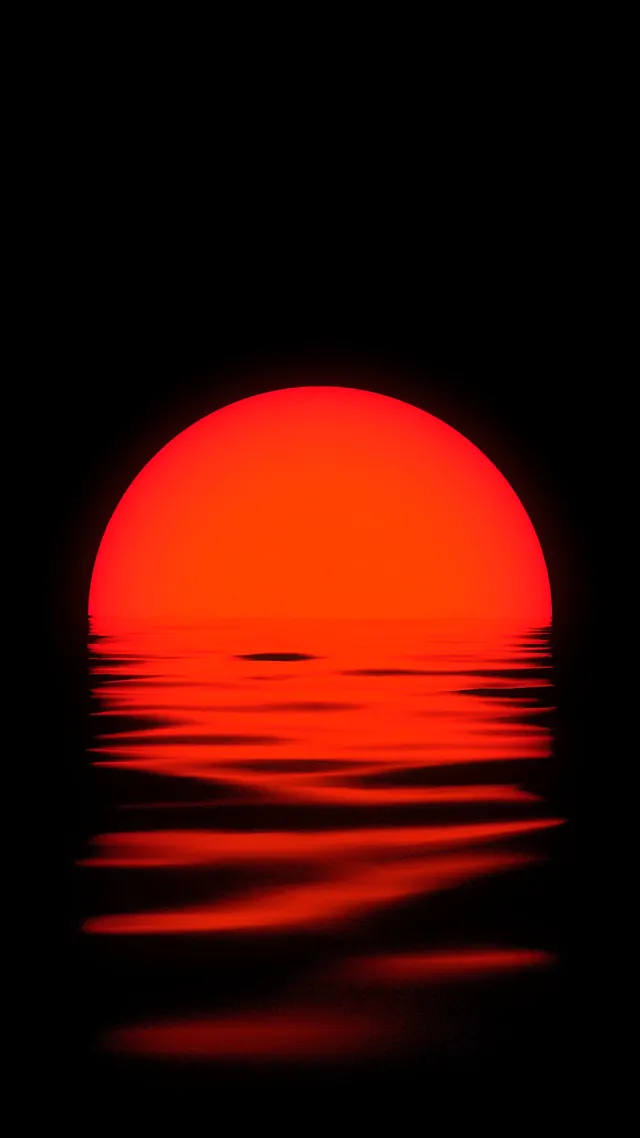 Red sun reflection over dark water, minimal, flat, dark