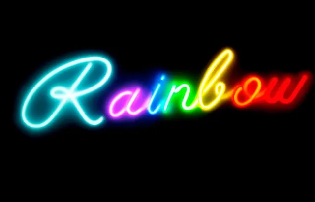 Rainbow neon script wordmark, playful, retro, dark