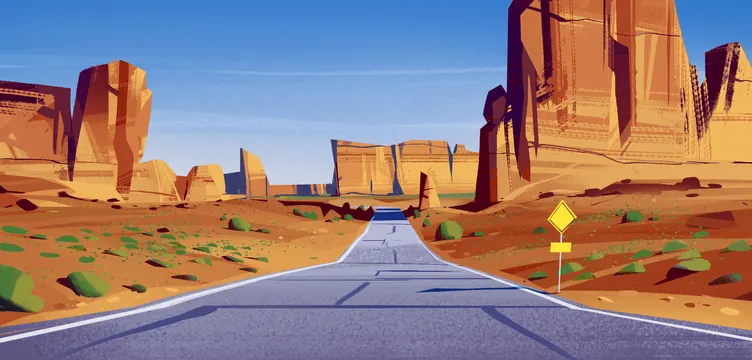 Desert Road Illustration, flat, illustrated, vibrant