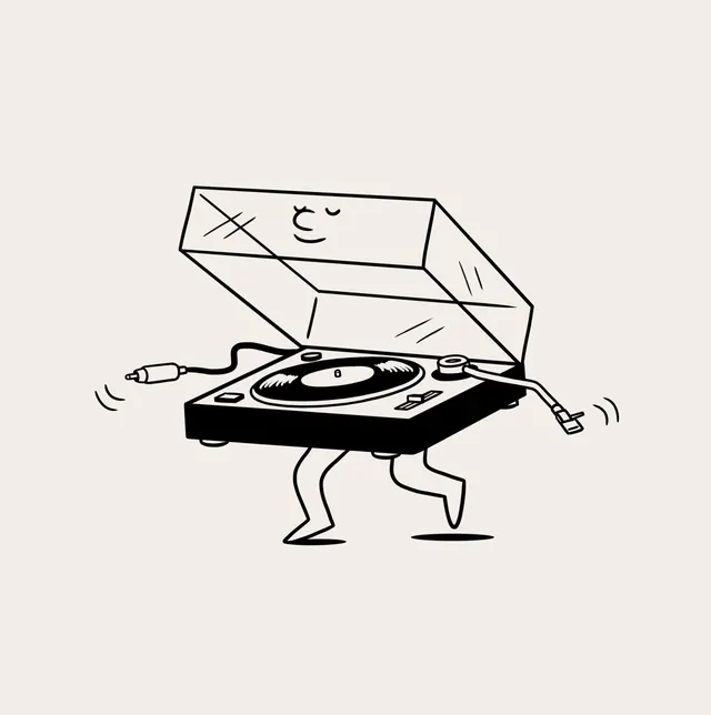 Anthropomorphic turntable line illustration, minimal, illustrated, light