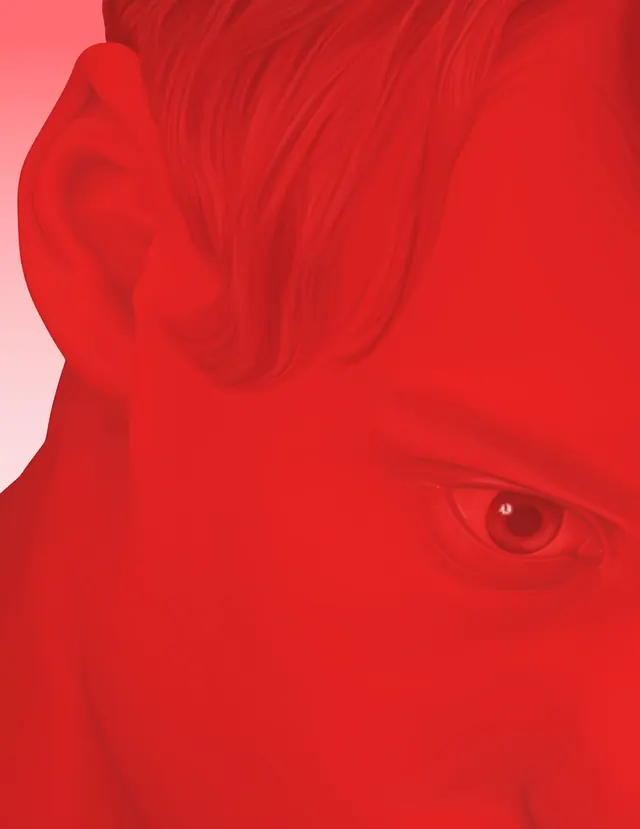 Monochrome red digital face close-up, 3d-render, abstract, vibrant