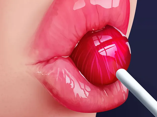Glossy Lips with Red Lollipop, illustrated, vibrant