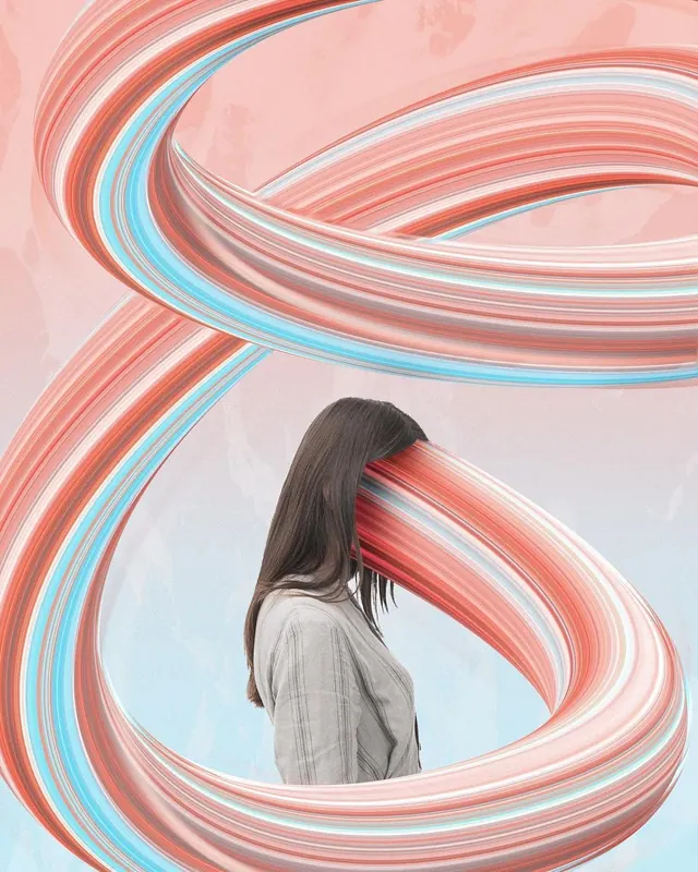 Woman with swirling ribbon forms, minimal, illustrated, pastel