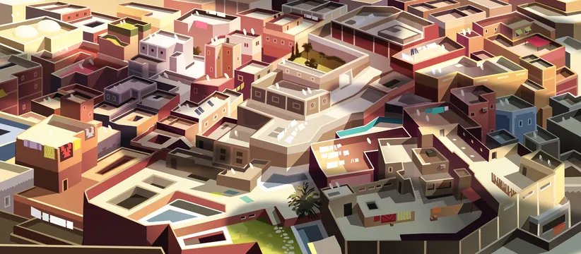 Isometric Architectural Illustration, geometric, abstract, warm