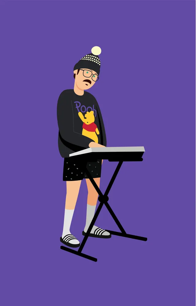 Illustrated Character at Desk, flat, minimal, vibrant