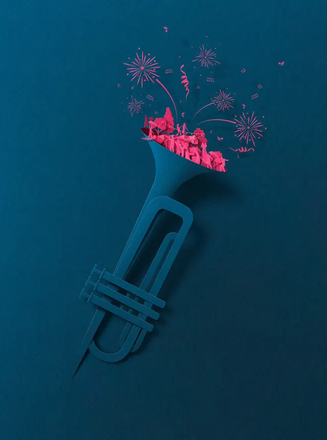 Fireworks Trumpet Illustration, abstract, flat, dark