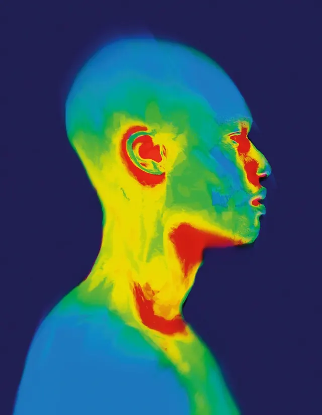 Thermal heat-map profile portrait, editorial, photographic, dark