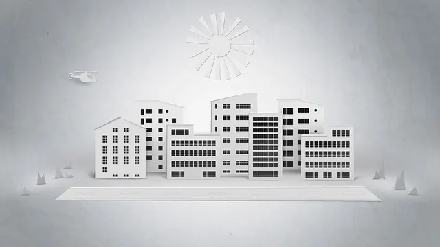 Paper Craft Cityscape with Sun and Helicopter, minimal, illustrated, light