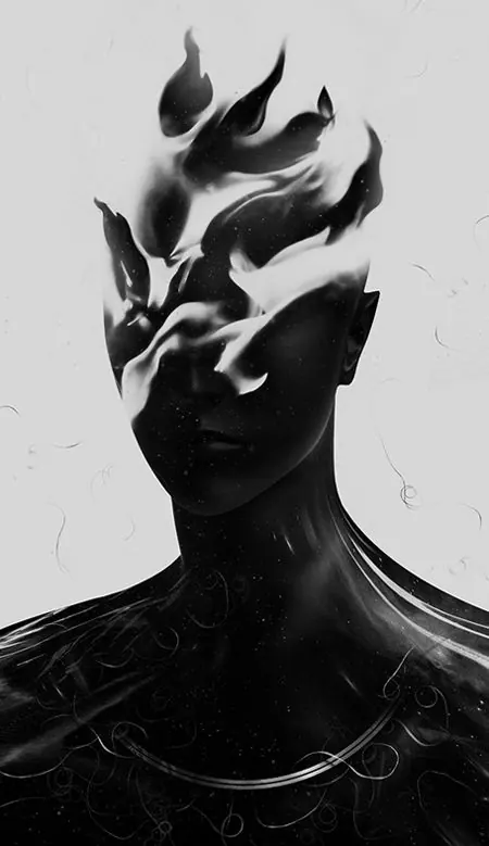 Monochrome head with white flame crown, illustrated, abstract, monochrome