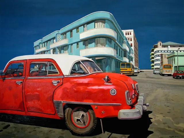 Vintage car and retro buildings painting, illustrated, retro, vibrant