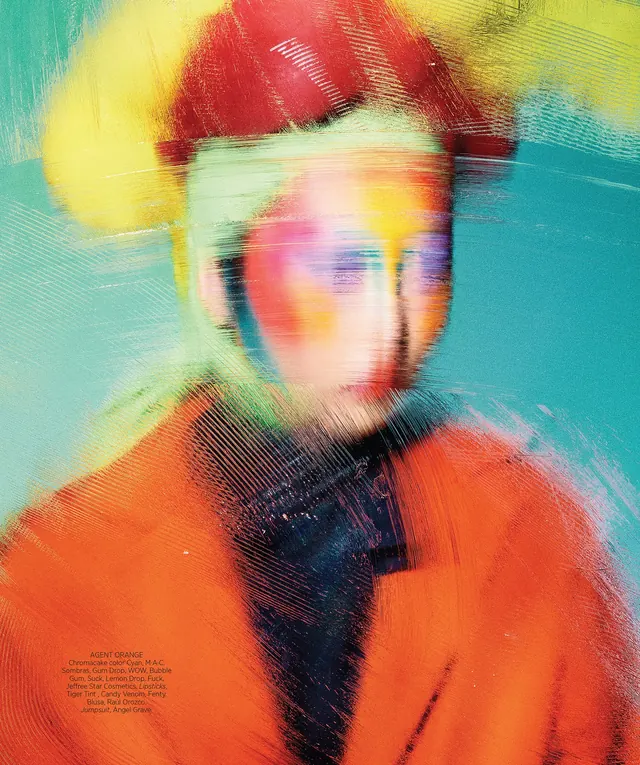Motion-blurred vibrant portrait with color-swept face, photographic, abstract, vibrant