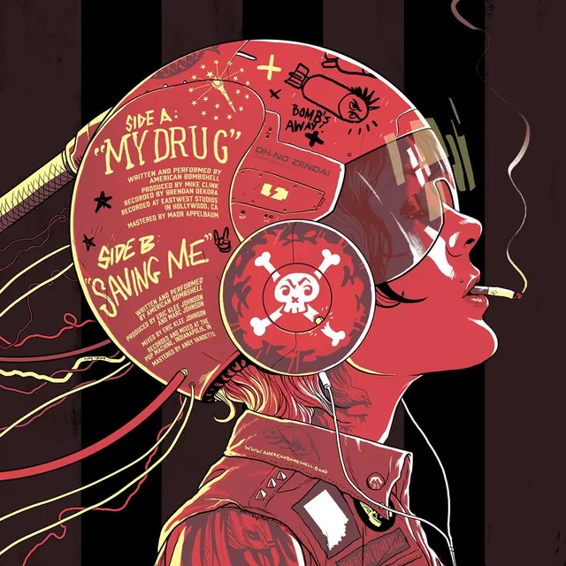 Red helmet woman with vinyl record illustration, illustrated, bold, vibrant