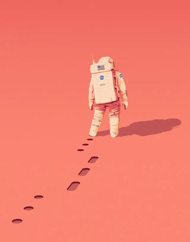 Astronaut in Red Space, minimal, flat, vibrant