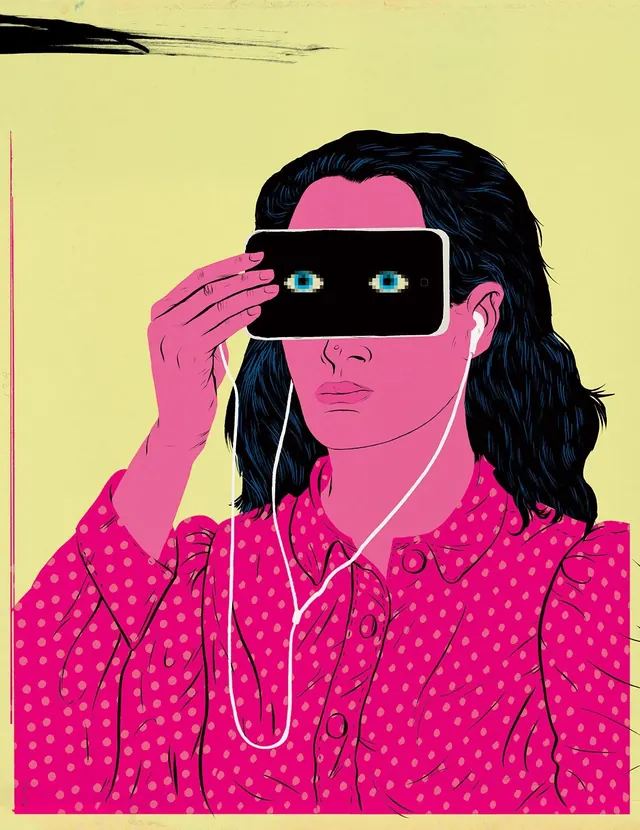 Stylized Portrait with Headphones, neo-brutalist, flat, vibrant
