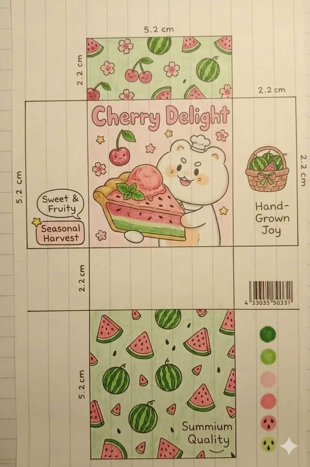 Kawaii fruit and bear packaging dieline flat-lay, illustrated, flat, light