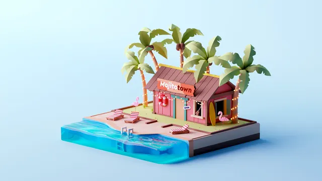 Tropical Beach Resort Illustration, 3d-render, playful, vibrant