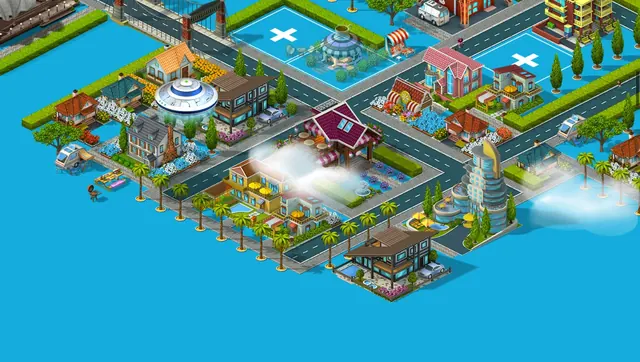Isometric Pixel Art Cityscape, geometric, flat, vibrant