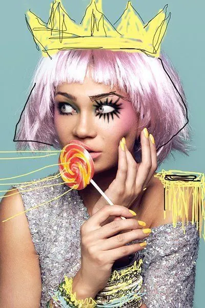 Stylized Portrait with Crown and Lollipops, illustrated, playful, vibrant