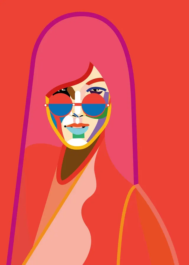 Colorful illustrated portrait with pink hair, illustrated, graphic, vibrant
