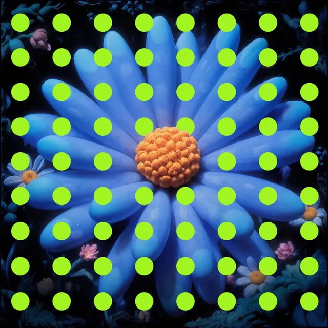 Blue daisy with green dots, illustrated, graphic, vibrant