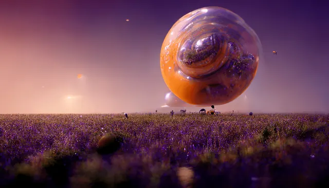 Surreal bubble landscape over purple flower field, illustrated, organic, dark