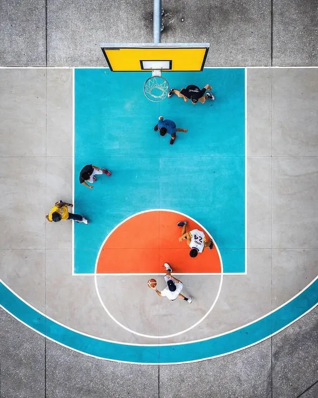 Top-down Basketball Court Illustration, flat, geometric, vibrant