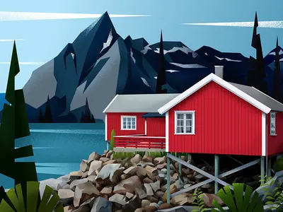 Mountain Cabin Illustration, flat, minimal, vibrant