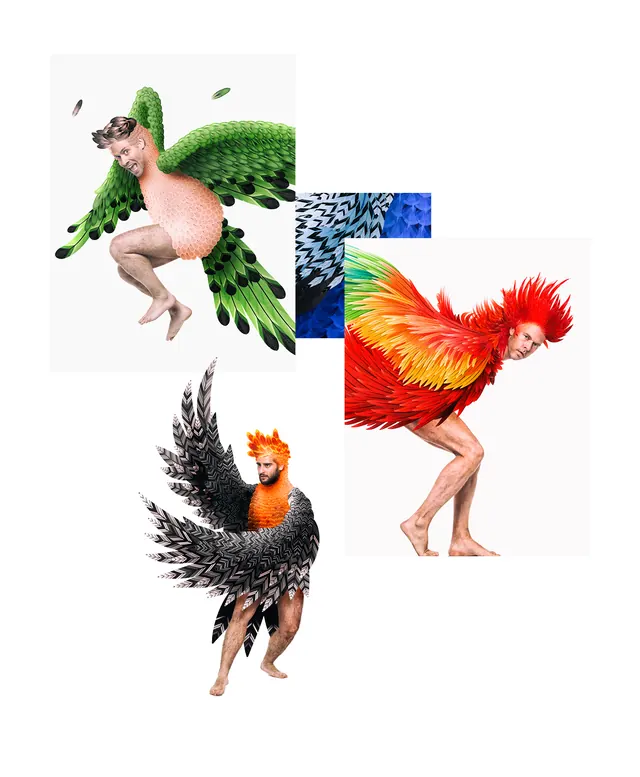 Colorful bird-people illustration, illustrated, playful, vibrant