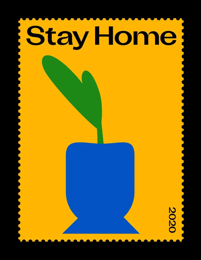 Stay Home stamp illustration, flat, playful, vibrant
