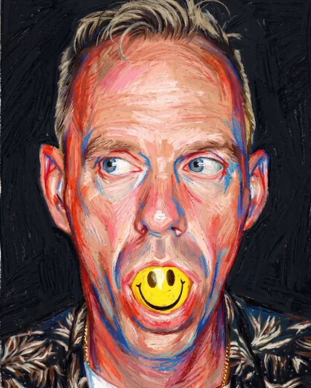 Expressive painted portrait with smiley in mouth, illustrated, expressive, vibrant