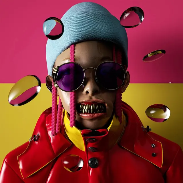 Abstract Portrait with Floating Spheres, maximalist, y2k, vibrant