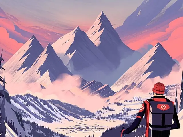 Snowy mountain landscape illustration with hiker, illustrated, cool