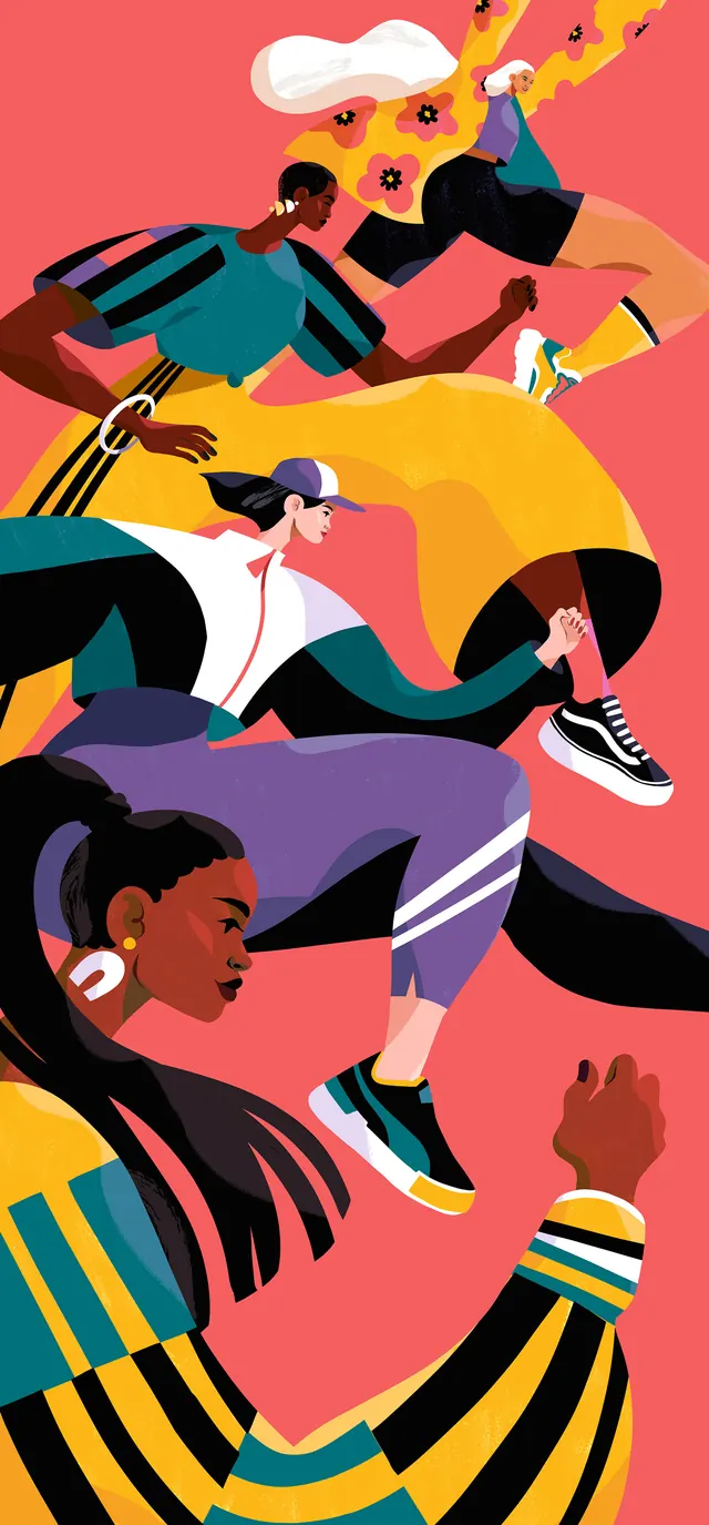 Dynamic illustrated women in motion, illustrated, playful, vibrant