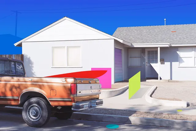 Retro Truck and House Illustration, playful, flat, vibrant