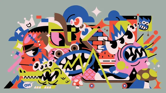 Playful pop-art collage composition, playful, illustrated, vibrant
