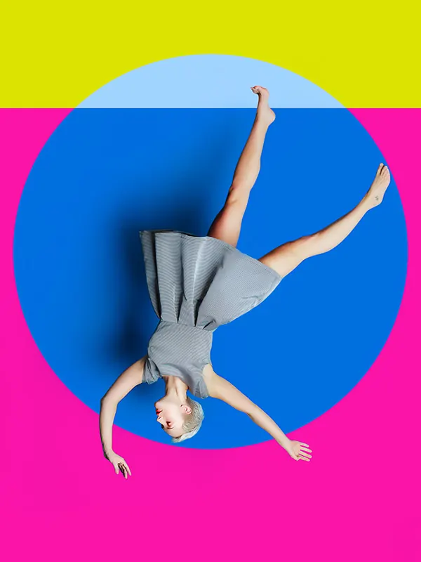 Acrobatic figure against geometric circles, illustrated, geometric, vibrant