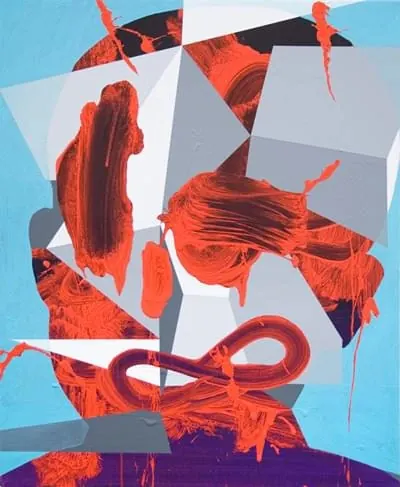 Abstract portrait collage with flowing brushwork, abstract, illustrated, cool