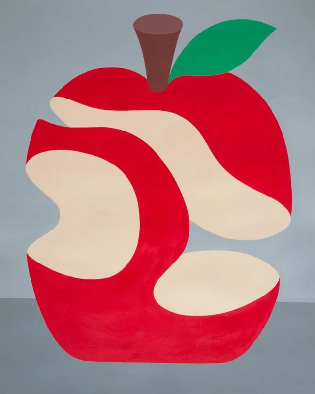 Red apple illustration with bite and leaf, illustrated, playful, vibrant