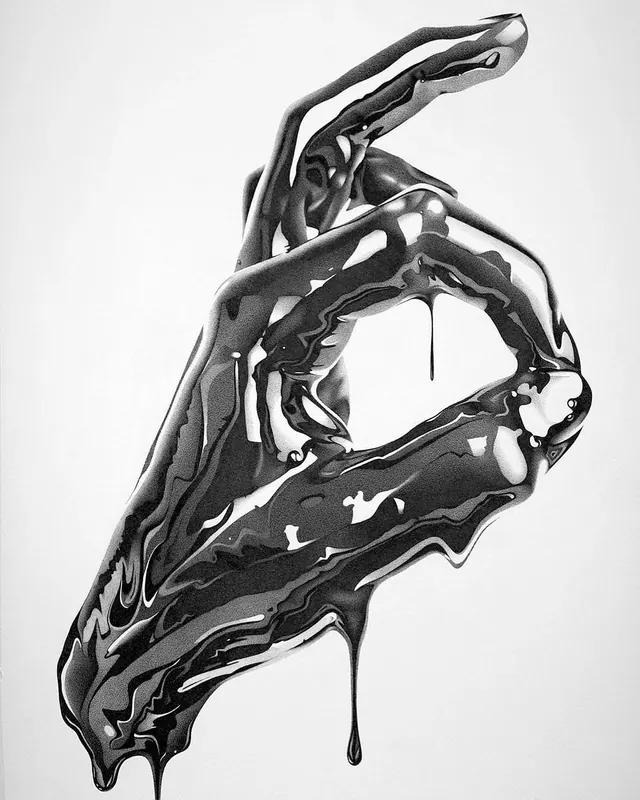 Chrome liquid OK hand illustration, illustrated, 3d-render, monochrome