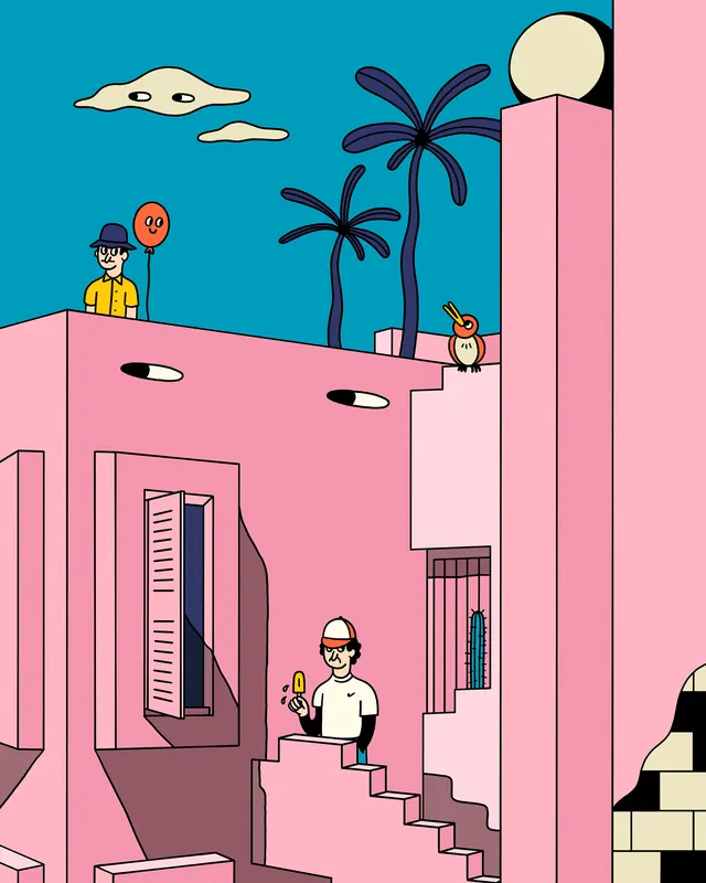 Pink Tropical Architecture Illustration, playful, flat, vibrant