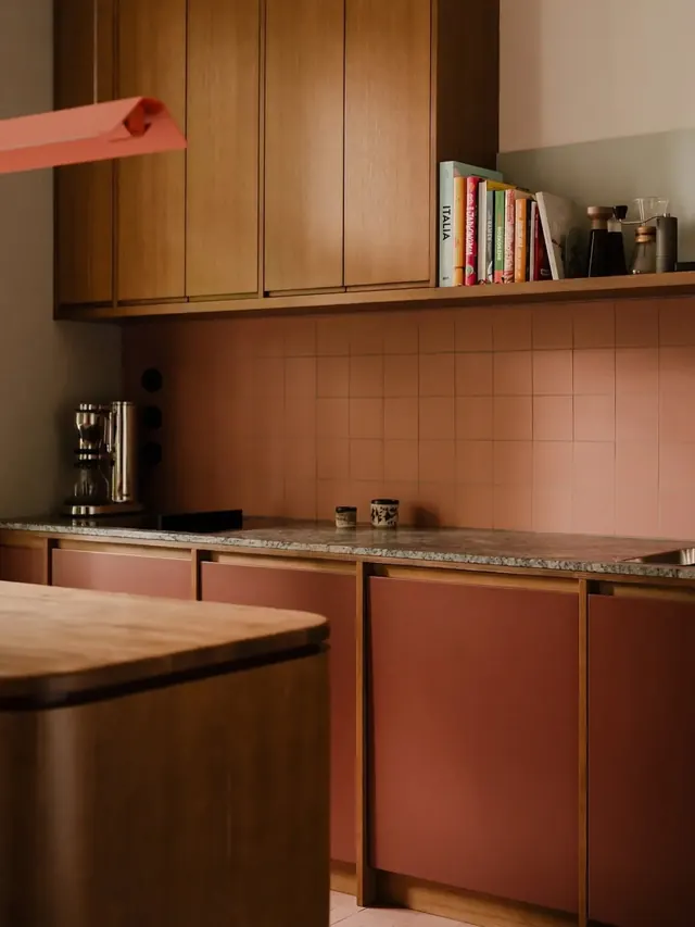 Warm minimalist kitchen with terracotta tile backsplash, organic, warm, warm
