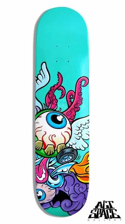 Vibrant skateboard deck with surreal creature illustration, illustrated, playful, vibrant