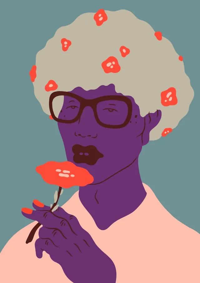 Portrait illustration with floral elements, illustrated, playful, vibrant