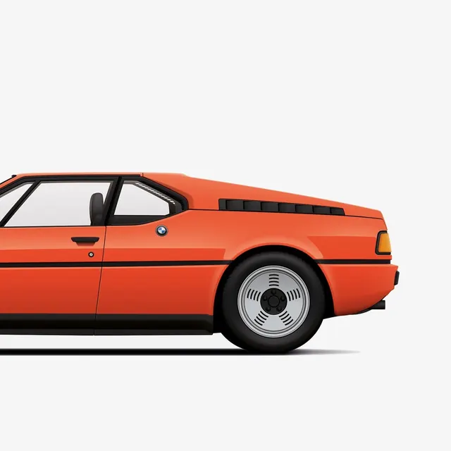 Orange vintage car illustration side view, illustrated, technical, vibrant