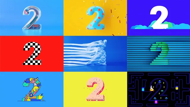 Nine-grid design system showcase with numbered illustrations, playful, illustrated, vibrant
