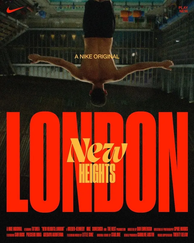 \"Nike New Heights: London\" campaign poster, editorial, cinematic, dark
